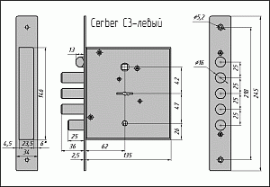 CERBER Замок врезной C3 014 (левый) (З ригеля, защелка, задвижка, без ответной планки) #234629